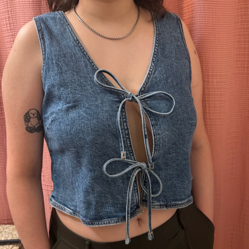 American Eagle Outfitters Blue Denim Tie-Front Tank Top